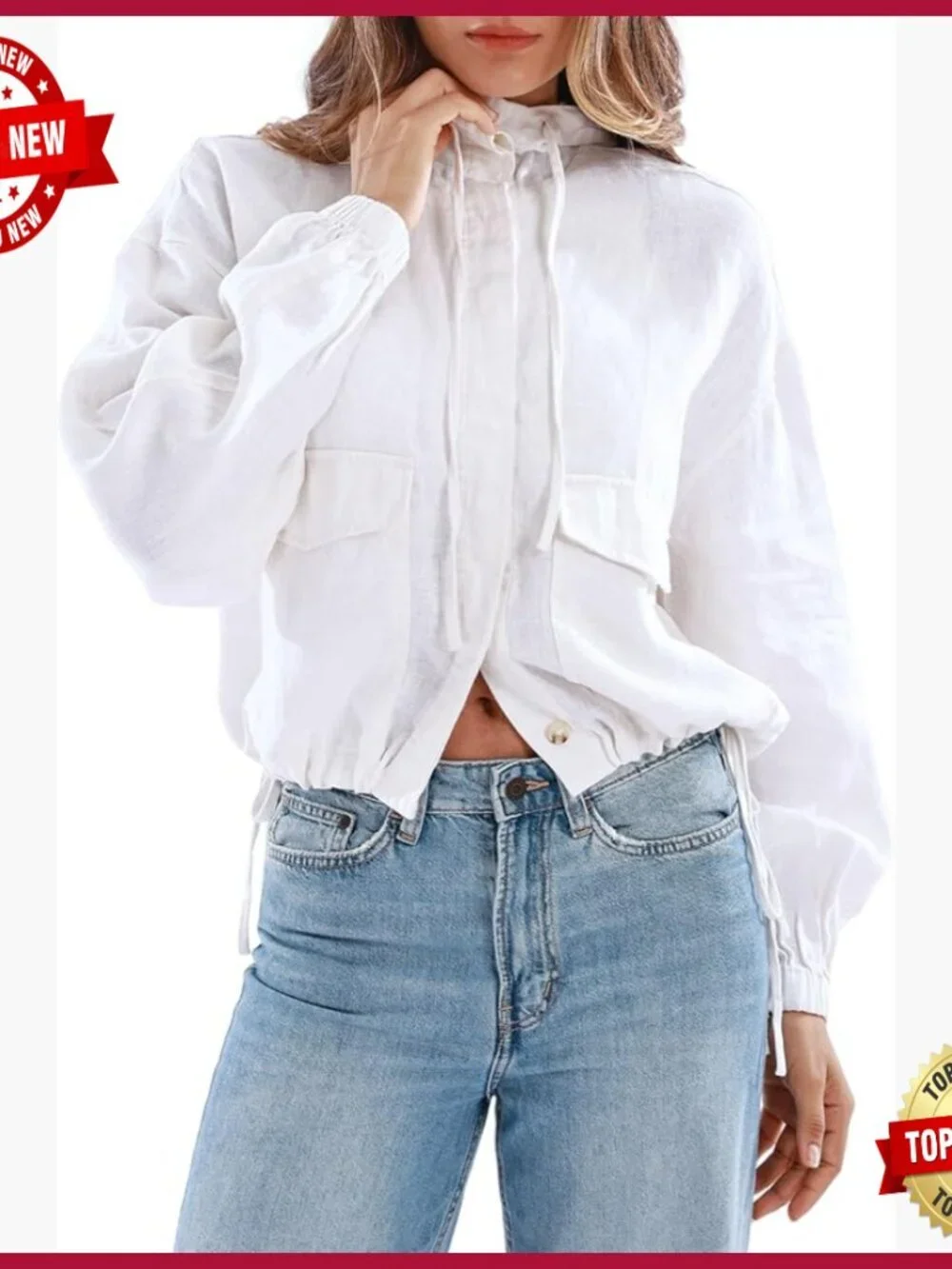 Pure Linen Hooded Jacket Button Front Drawstring Hem Long Sleeve